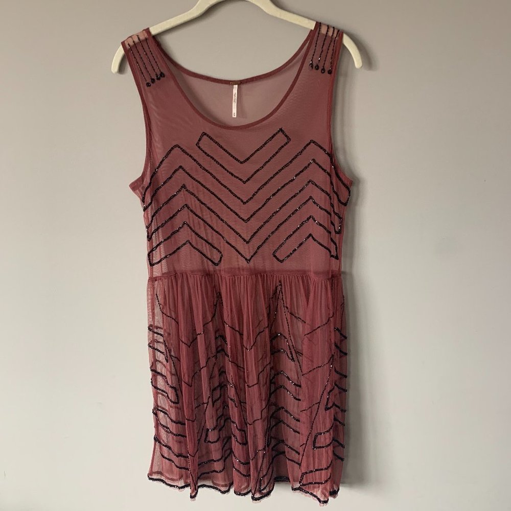 Free People Dress (thick straps) - Pink/Mauve Sheer w/ black beads